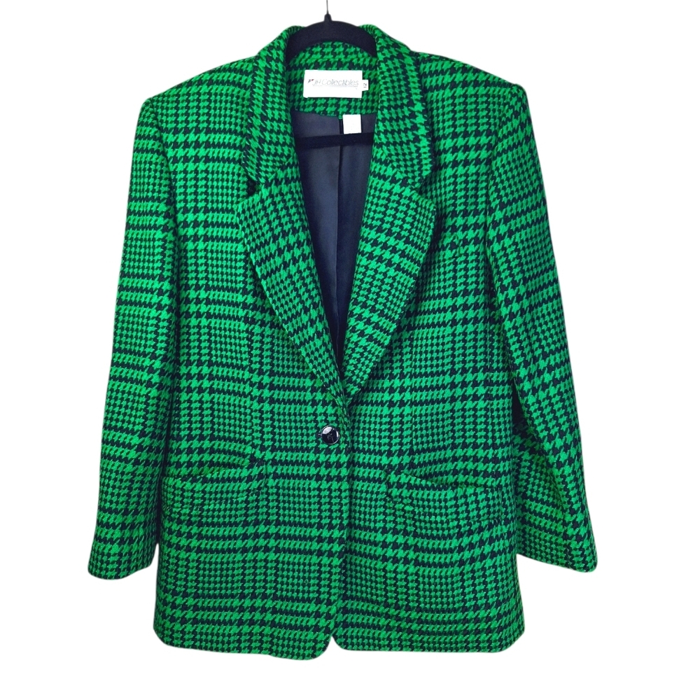 Vintage 80s JH Collectibles 100% Wool Houndstooth Blazer Womens Large Green